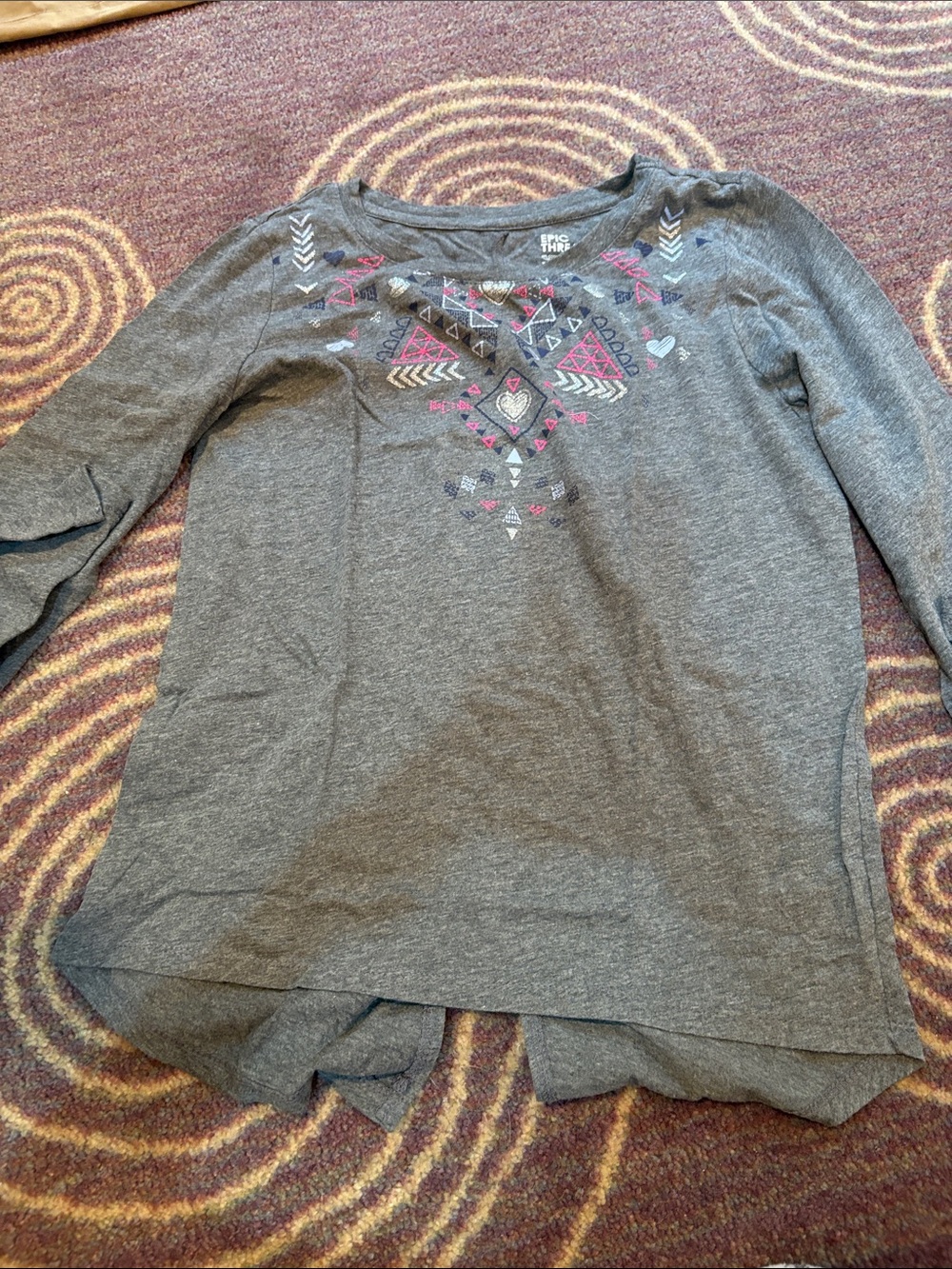 Girls' Gray Long Sleeve Top with Pink & Teal Aztec Print Large